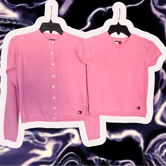 Vintage TOMMY HILFIGER Y2K Pink Cardigan Set Xs S M 90s Baby Tee Cropped - Picture 17 of 17